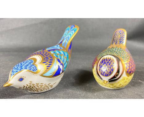 Two ROYAL CROWN DERBY gold button birds - a MOUNTAIN BLUEBIRD (14cm) and a BLUE TITApprox 2 pieces