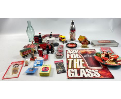A miscellany of COCA-COLA memorabilia to include a 3-D GOOD COMPANY plate (15cm), a vintage round Coke bottle, a white metal 