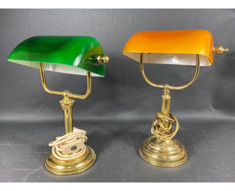 A nice Classic style Notary or Bankers electric lamp in brass with amber glass shade - width 28cm x 38cm approx and also a gr