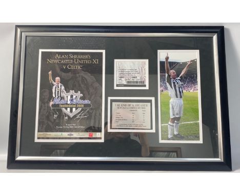 Framed compilation of ALAN SHEARER 2006 11th May testimonial Newcastle United 11 vs Celtic, official programme, photo, and ti