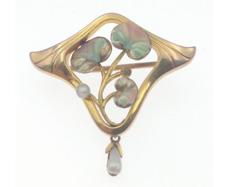 A nice VINTAGE 9ct stamped brooch with enamelled flowers and tiny seed pearl features weight 2.13 approx - all within it's or