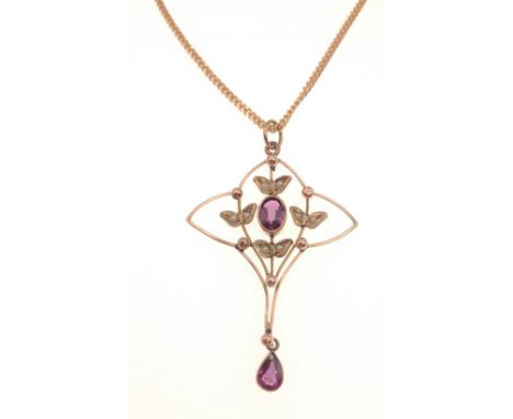 A vintage 9ct stamped amethyst and seed pearl pendant suspended from a 375 stamped yellow gold chain, 42 cm long, pendant 4x3