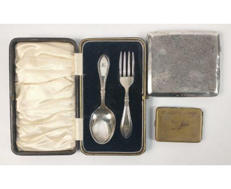 Silver Christening Spoon and Fork in fitted case with Birmingham hallmarks.  Also to include a silver cigarette case (A/F) an