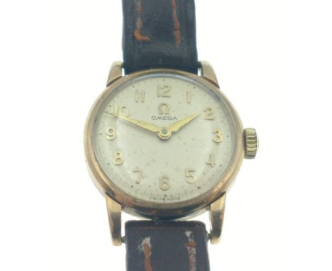 Ladies VINTAGE Yellow Gold Hallmarked OMEGA hand wound wristwatch with brown leather strap - face dimension 2cm and gross wei