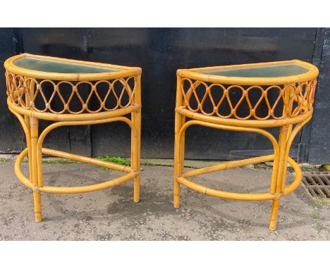 Two fabulous light coloured demi loom tables with glass. Dimensions - 70cm tall x 34cm width x 86cm long approx. Condition - 