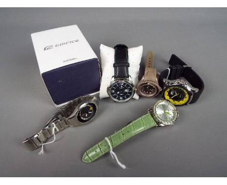 Five wristwatches to include a Casio Edifice (in original box with outer card sleeve), Slazenger and similar.