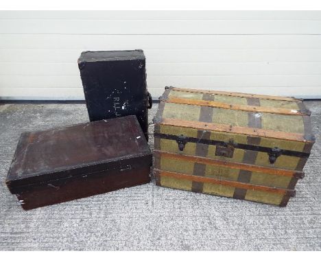 A vintage dome top shipping trunk, wooden chest and vintage suitcase. [3]