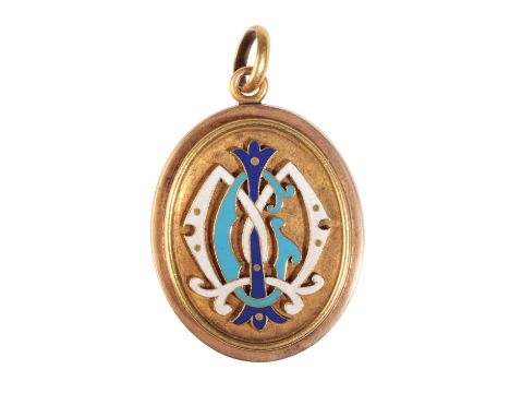A VICTORIAN  GOLD AND ENAMEL LOCKET the oval locket with an applied blue and white enamelled monogram, the reverse&nbsp; insc