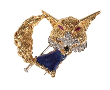 A DIAMOND  ENAMEL AND GOLD FOX BROOCH the textured head with diamond set nose and face, and red gem set eyes, the enameled bl