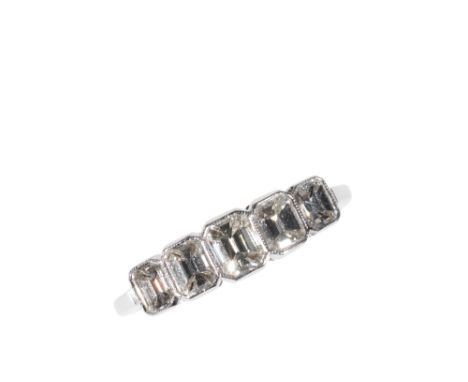 A FIVE STONE DIAMOND RING the centre emerald-cut diamond, approx 0.20ct flanked either side by two further diamonds, collet-s