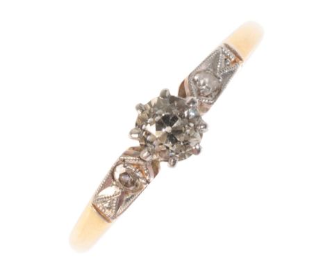 A DIAMOND SOLITAIRE RING the brilliant-cut diamond approx 0.33ct, on an 18ct yellow gold shank, with platinum diamond-set sho