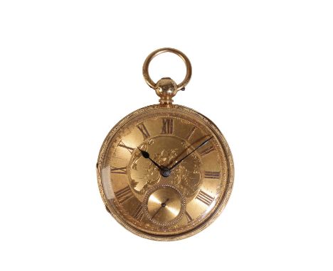 18 CT GOLD GENTLEMAN'S OPEN FACE POCKET WATCH the gold dial with gold Roman numerals and dark blue steel hands, with subsidia