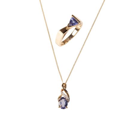 A TANZANITE DRESS RING AND PENDANT NECKLACE the triangular-cut tanzanite set to one side on a shaped yellow gold shank, stamp