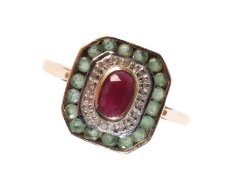 AN ART DECO STYLE GEM-SET RING the oval-cut red gemstone collet-set within a pave-set border and outer border of round-cut pe