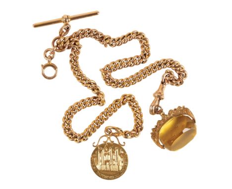 9CT GOLD CHAIN LINK ALBERT POCKET WATCH CHAIN with two gold fobs, (c.55grams)&nbsp;