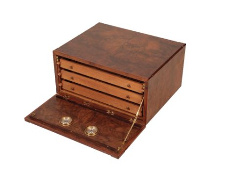 A LARGE BURR WOOD DESKTOP HUMIDOR the fall front with thermometer and hygrometer, with three pull-out cigar trays, the unders