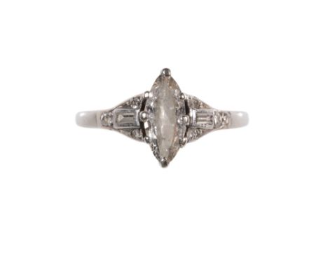 A MARQUISE-CUT DIAMOND RING the diamond approx 1.00ct, flanked either side with a baguette and round-cut diamonds, on an unma