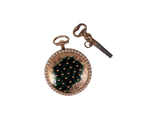 GOLD AND ENAMEL LADY'S FOB WATCH with key wind movement, the white enamel dial with black Arabic numerals and dark blue steel
