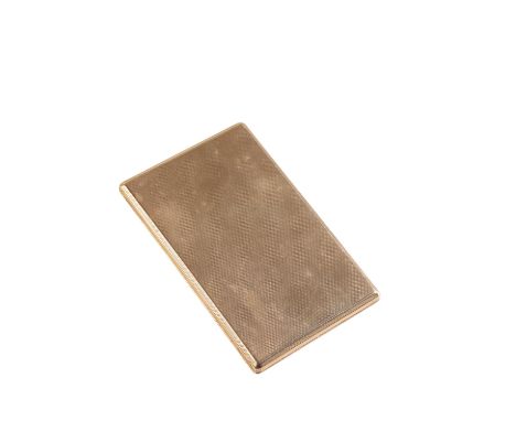 A 9CT YELLOW GOLD CIGARETTE CASE with engine turned decoration, the interior with a single elastic strap, stamped&nbsp; "9ct 