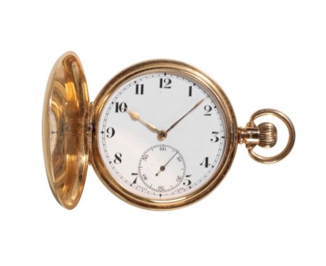 GENTLEMAN'S 18CT GOLD POCKET WATCH with key-less wind movement, the white enamel dial with black Arabic numerals, subsidiary 