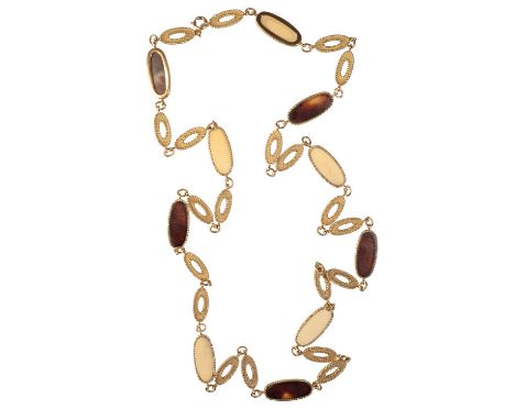 A YELLOW GOLD, TORTOISESHELL AND IVORY NECKLACE twenty openwork oval links,interspersed with ten alternating framed tortoises