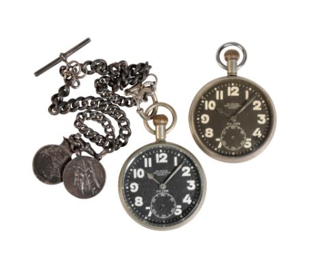 TWO MILITARY POCKET WATCHES with keyless wind movements, the black dials with luminous Arabic numerals and subsidiary seconds