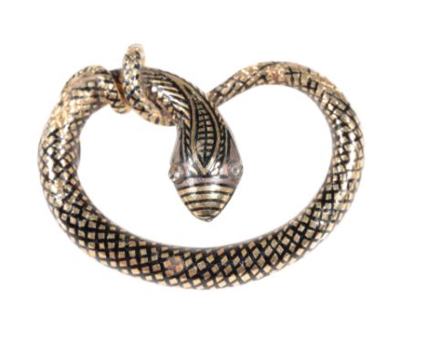 A SNAKE BROOCH the unmarked yellow metal twisted body, with black enamel markings and diamond -set eyes, approx 5.4gr total w