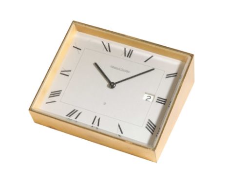 JAEGER-LeCOULTRE EIGHT DAY BRASS DESK CLOCK with wind-up movement, the silver dial with black Roman numerals, dark blue steel