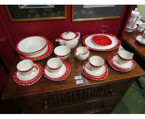 A quantity of Stylecraft by Midwinter polka dot ceramics with red border including cups, saucers, plates, bowls