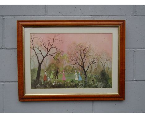 A Helen Bradley print, a walk in the enchanted garden, maple framed and glazed, 37cm x 54cm