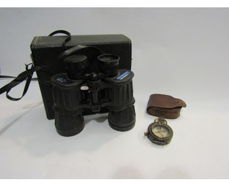 A leather cased Thomas Armstrong &amp; Brothers of Manchester compass marked K.A. Stewart and a cased pair of Commodore binoc
