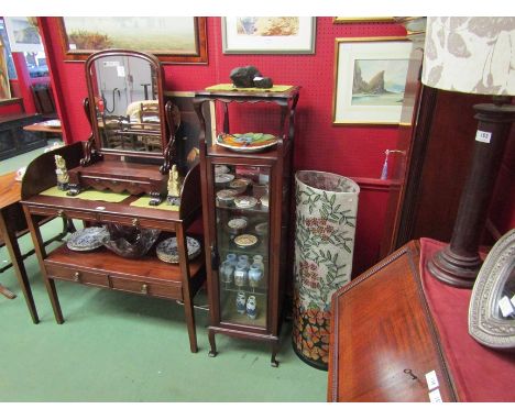 An Arts &amp; Crafts crossbanded mahogany display cabinet in the manner of Liberty &amp; Co., the shaped top and open shelf o