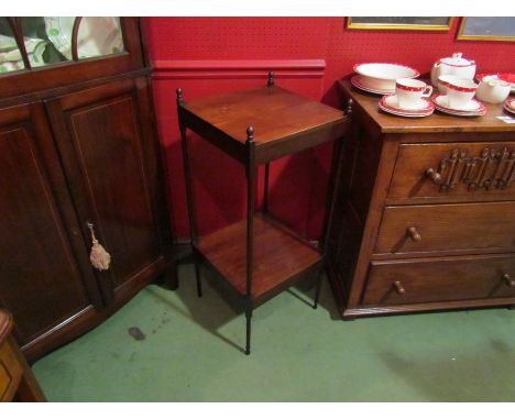 A George III mahogany two tier lamp table on fine finial turned spindle leg supports, 89cm tall