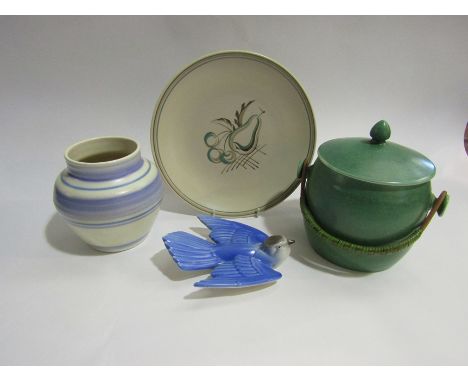 Poole pottery including Apple Green biscuit barrel, plate, Swallow and vase (4)