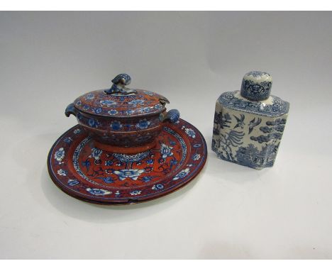 A Victorian "Willow" pattern tea caddy and Wedgwood red and blue pottery plates and tureen