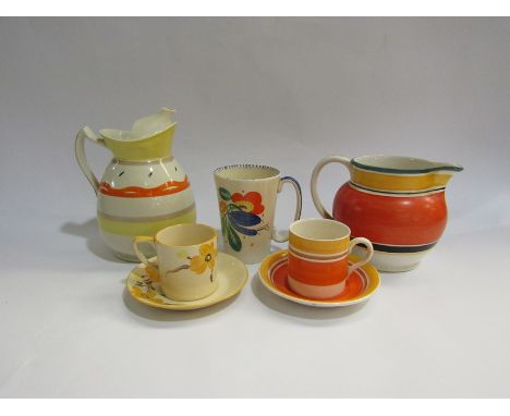 Susie Cooper for Grays pottery banded jug, coffee can and saucer, a Susie Cooper production Crown Works coffee mug and 1 pint