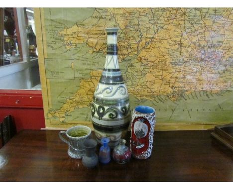 A Studio pottery vase form table lamp base, vases including miniature and mug (6)