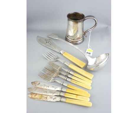 EPNS WARE including a large sauce ladle, a wooden bottomed tankard, a pierced fish slice and fork server set and a quantity o