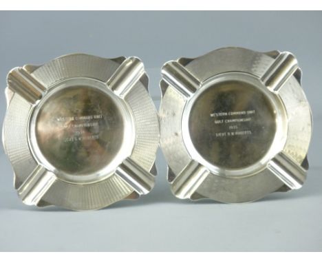 TWO SILVER GOLF PRESENTATION ASHTRAYS, Birmingham 1934, A E Poston and Co Ltd maker, 6.5 troy ozs, engine turned top border d