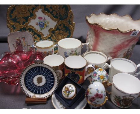 MIXED POTTERY, PORCELAIN &amp; GLASSWARE, a collection including a gilt and green bowl with blue cross swords mark, Paragon, 