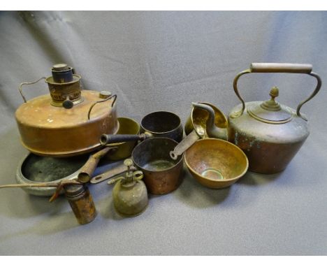 COPPER PARAFFIN LAMP, copper kettle, vintage iron handled pans, oil cans and a beaten pewter pedestal bowl