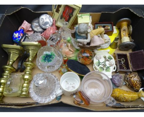 BRASS CANDLESTICKS, a pair and ornamental cabinet items including bone trinket box ETC