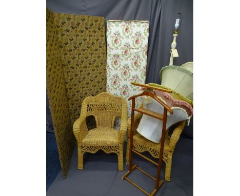 TWO VINTAGE FOLDING DRESSING SCREENS, a pair of wicker armchairs, painted standard lamp and a quantity of shades and a butler