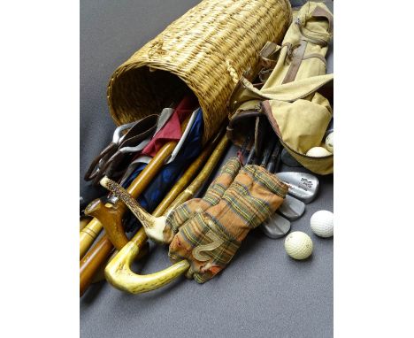 WALKING STICKS, SHOOTING STICK, &amp; UMBRELLAS in a rush stand with a vintage golf bag and contents