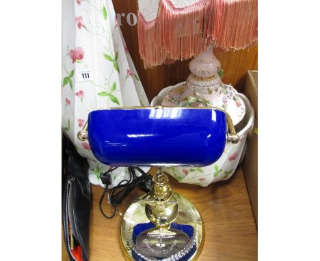 VINTAGE STYLE DESK LAMP with blue coloured shade and one other with a pottery jardiniere and stand