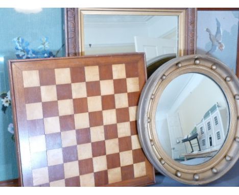 CIRCULAR CONVEX BOBBLE MIRROR, framed tapestries, timber framed mirror and a chess board