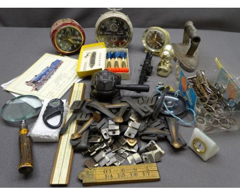 RETRO BEDROOM CLOCKS, old steam iron, vintage metal carpet clips ETC