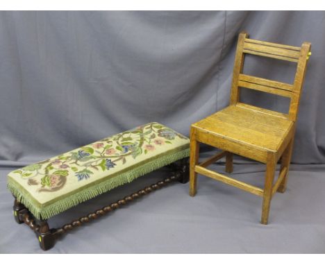 ANTIQUE OAK FARMHOUSE CHAIR and a long footstool with tapestry top on barley twist supports and stretchers, various measureme