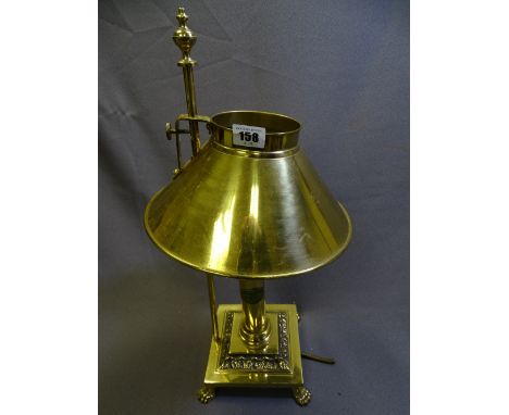 BRASS FOUR FOOTED SQUARE BASED CONVERTED TABLE LAMP, labelled 'Orient Express'