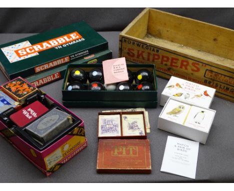 NORWEGIAN 'SKIPPERS' WOODEN SHIPPING BOX and a quantity of board games, playing cards and carpet bowls ETC